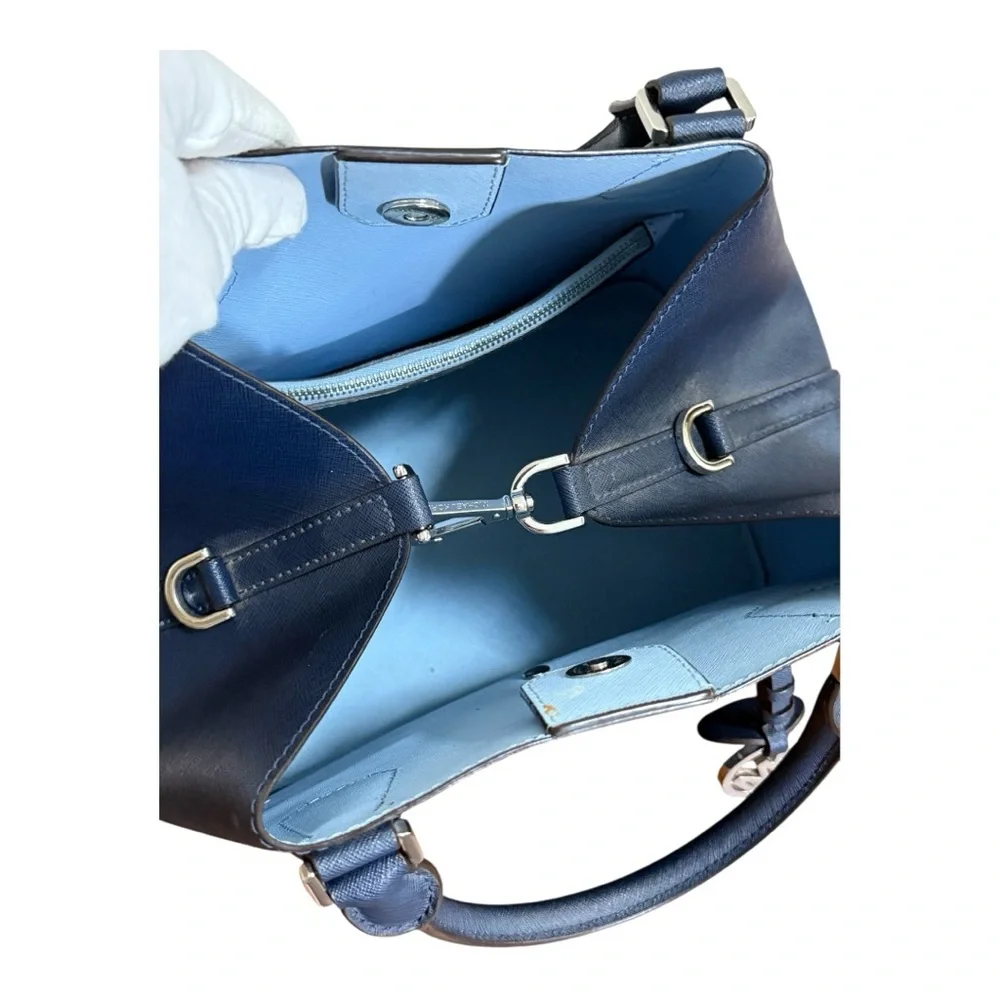 Authentic Michael Kors Blue Greenwich Saffiano Leather Satchel Crossbody Handbag